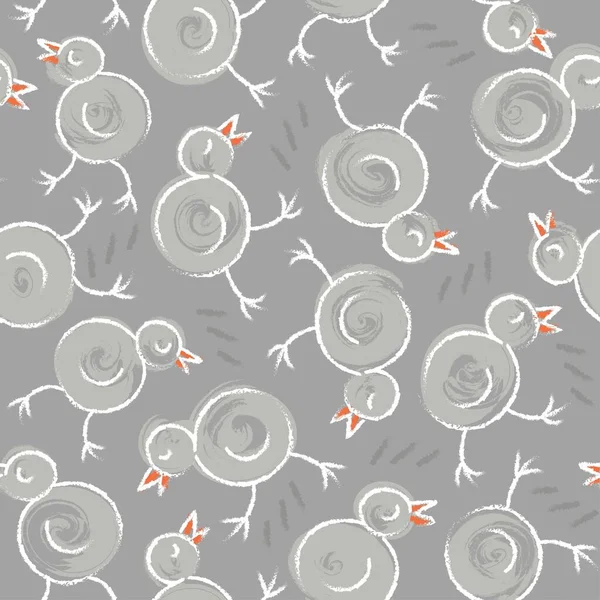 Pollitos Flores Gris Blanco Naranja Lineal Mano Dibujado Desordenado Temporada — Vector de stock