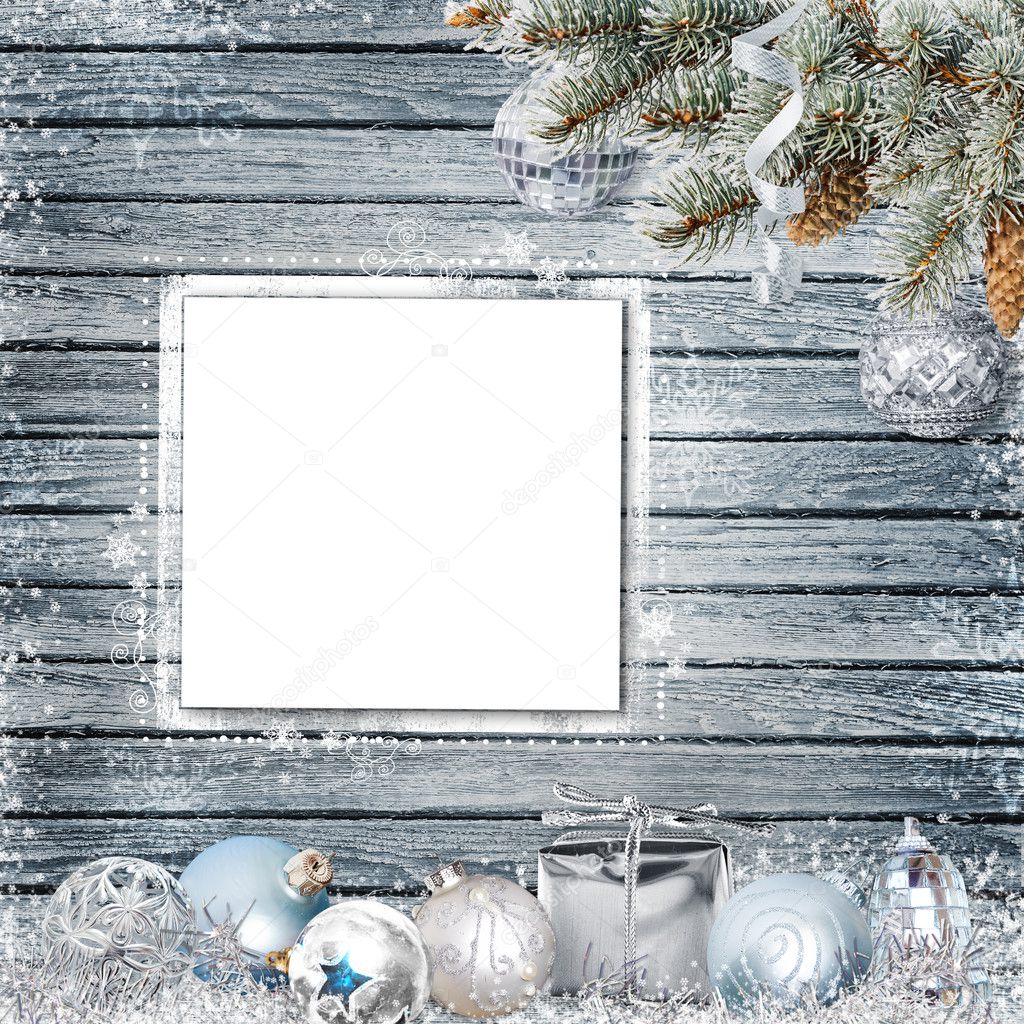 Christmas congratulatory background with frame for text or photo,  pine branches and Christmas decorations