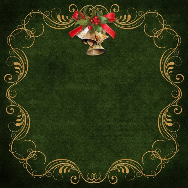 Fundo vintage verde com redemoinhos dourados e sinos de Natal com fita e bagas — Fotografia de Stock
