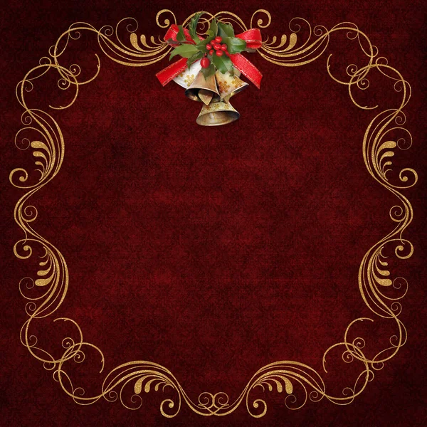 Sfondo vintage rosso scuro con turbinii dorati e campane natalizie con nastro e bacche — Foto Stock