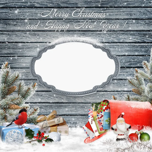 Christmas greeting background with frame , gifts, a mailbox with letters, pine branches and christmas decorations — Stock Photo, Image