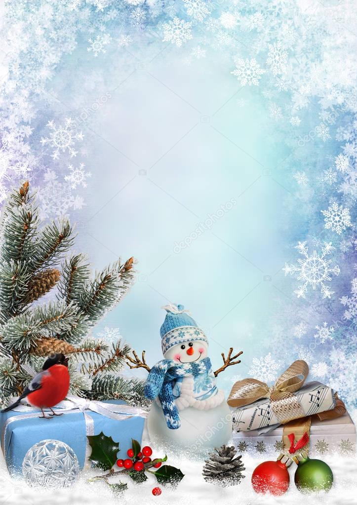 Christmas greeting card with gifts, snowman, pine branches and christmas decorations with space for text