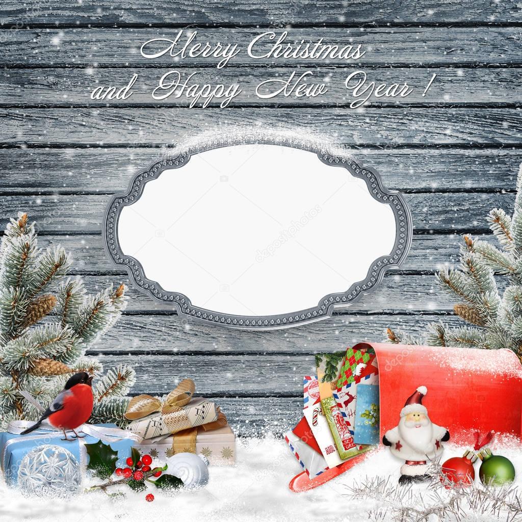 Christmas greeting background with frame , gifts, a mailbox with letters, pine branches and christmas decorations