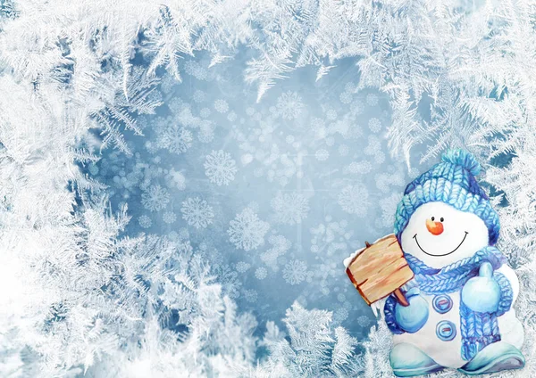 Tarjeta de felicitación de Navidad con muñeco de nieve en el fondo helado — Foto de Stock