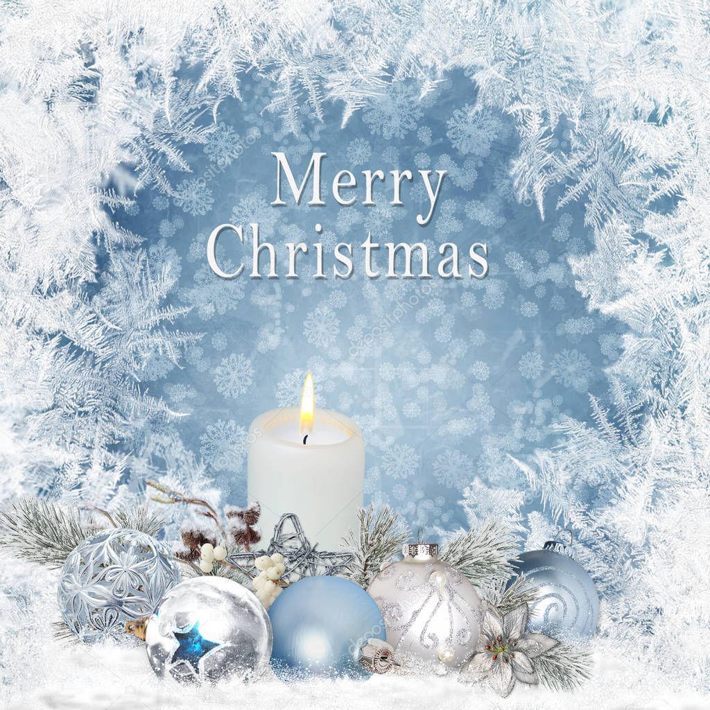 Christmas greeting background with candles, pine branches, balls on a blue background with a frosty pattern