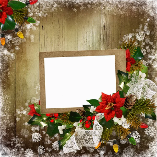 Christmas greeting background with frame, pine branches, poinsettia, berries branches — Stock Photo, Image