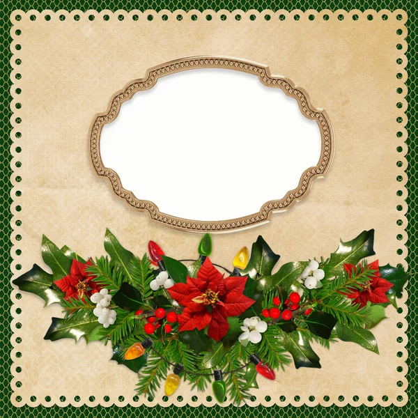 Christmas greeting background with frame, pine branches, poinsettia, berries branches, garland lights — Stock Photo, Image