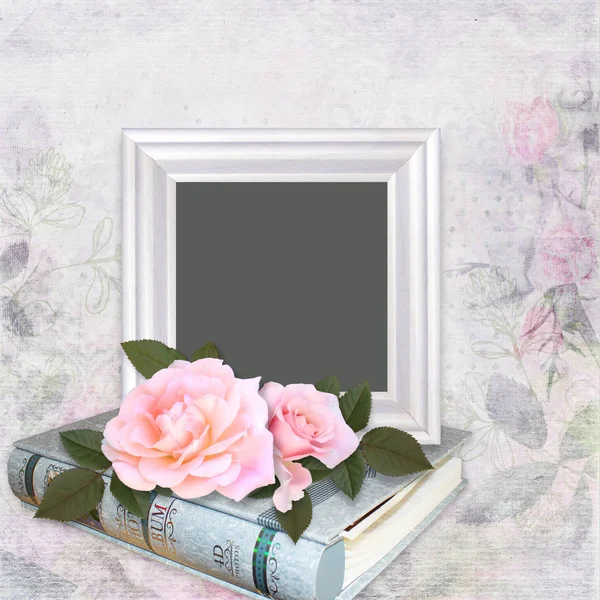 Roze rozen, fotoalbum, frame op romantische vintage achtergrond — Stockfoto