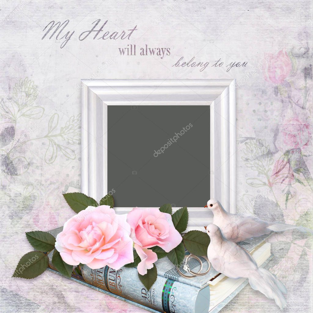 Frame, rose, wedding rings, doves, photo album on a gentle romantic background