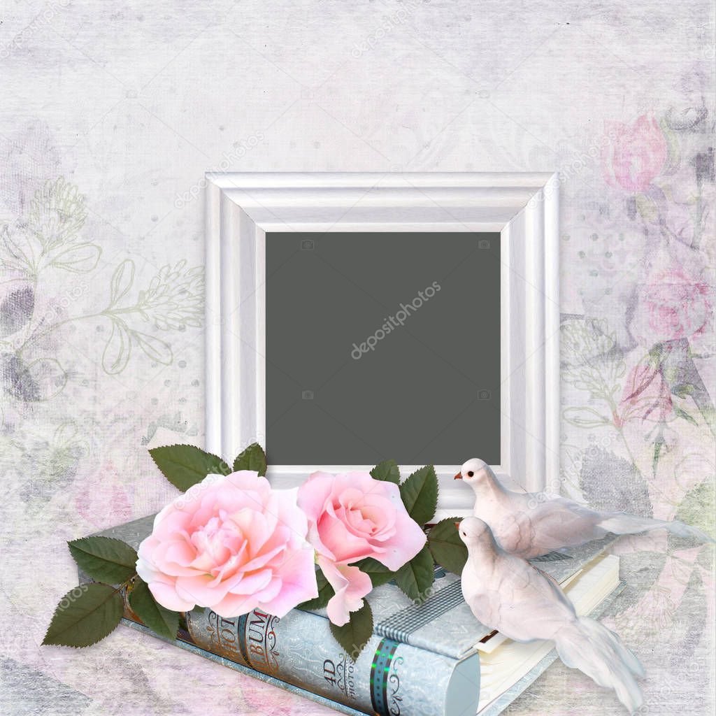 Frame, rose, doves, photo album on a gentle romantic background
