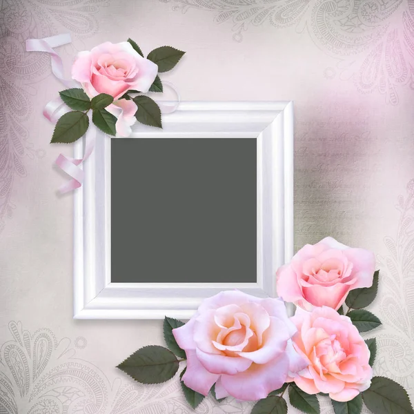 Roses roses et cadre sur un doux fond vintage romantique — Photo