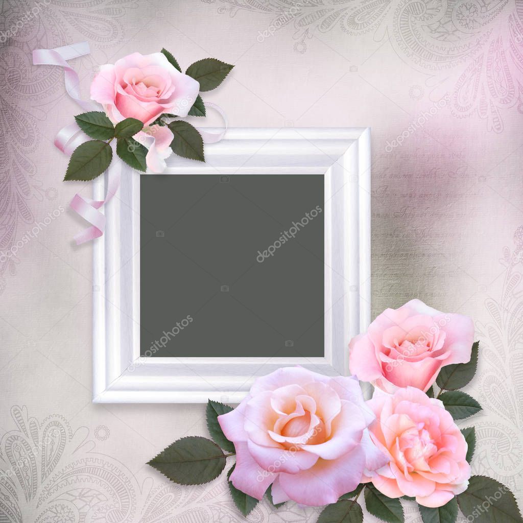 Pink roses and frame on a gentle romantic vintage background