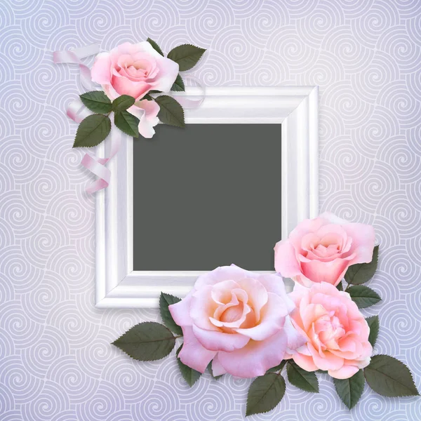 Rosa Rosen und Rahmen auf sanftem romantischem Vintage-Hintergrund — Stockfoto