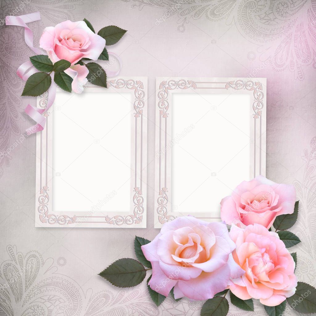 Pink roses and frame on a gentle romantic vintage background