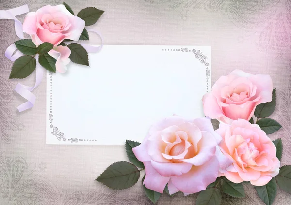 Carte de vœux avec roses roses et carte de texte sur fond romantique vintage — Photo