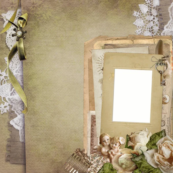 Old vintage background with a frame, withered roses, old letters, postcards, lace, statue of angels — Stock Photo, Image