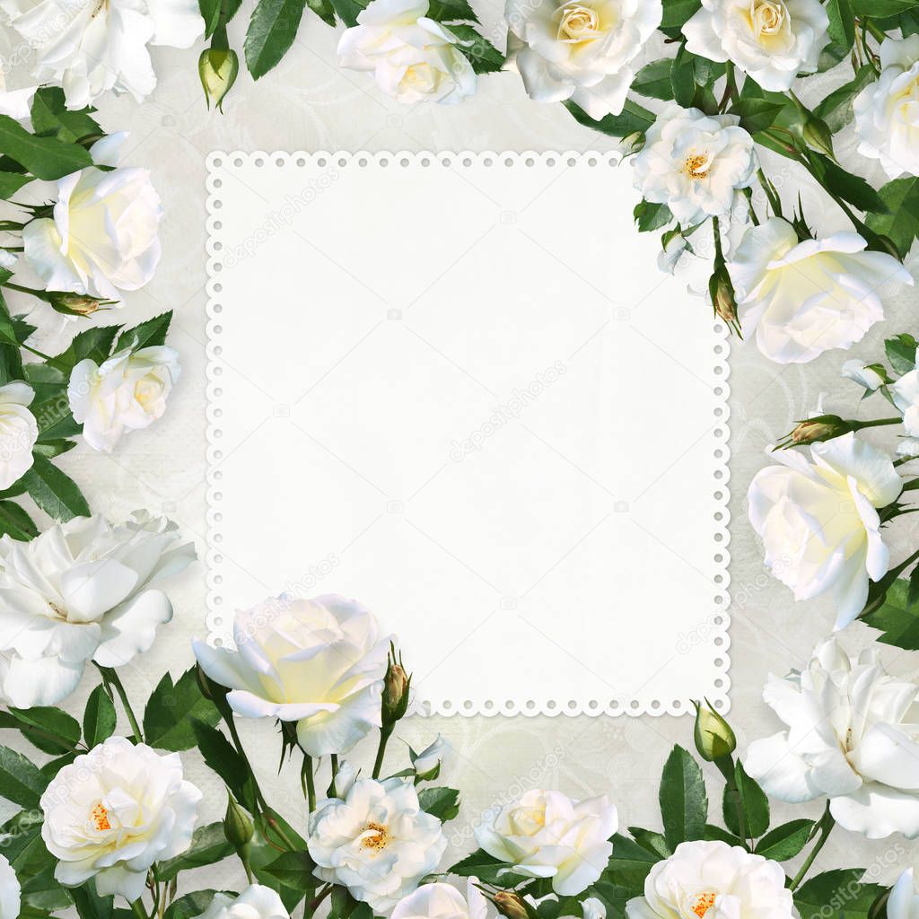Card with space for text or photo surrounded by white roses on a beautiful vintage background