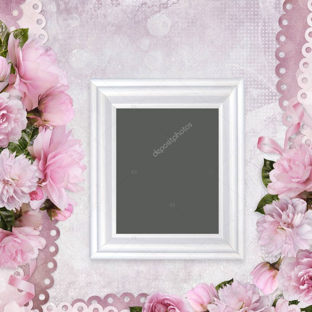 Beautiful borders of pink roses and frame on a gentle romantic vintage background