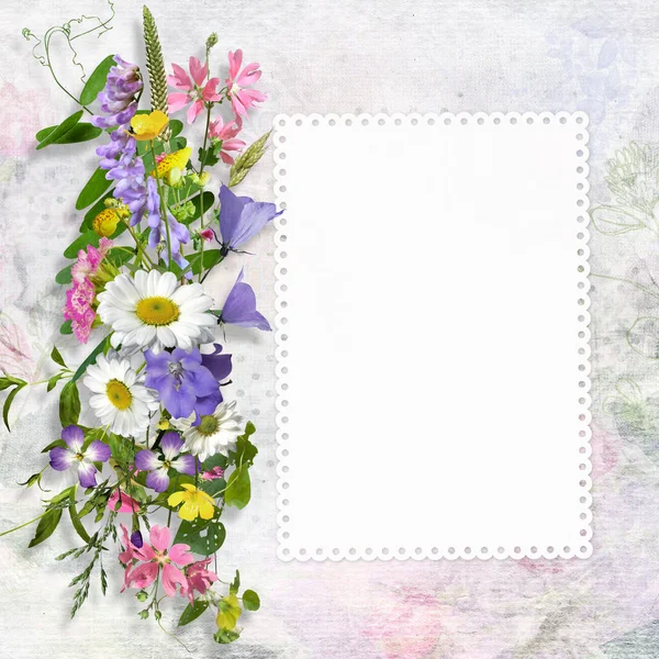 Congratulatory background with a card with space for text or photos and summer flowers — Stock Photo, Image