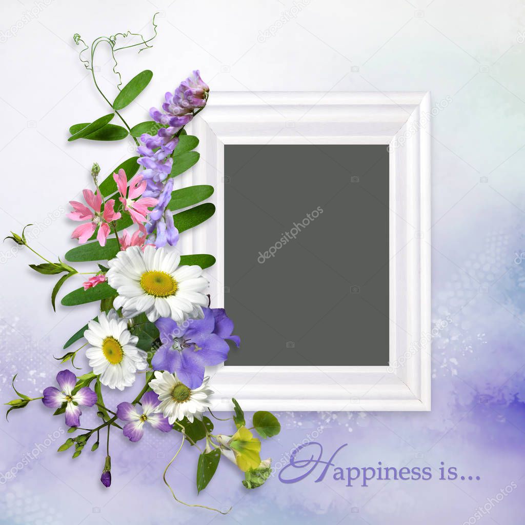 Vintage background with frame and a bouquet of summer meadow flower