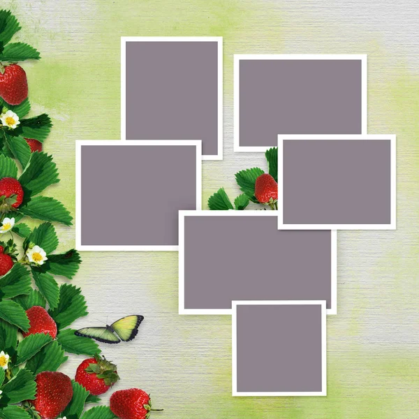 Frames for family photos on a vintage background with a border of leaves and berries of strawberries