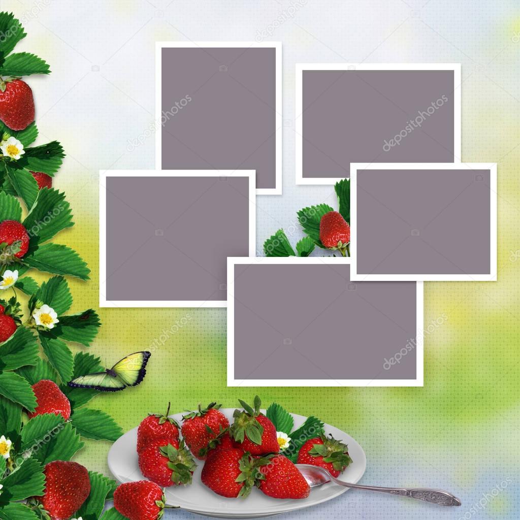 Frames for family photos on a vintage background with a border of leaves and berries of strawberries and a plate with berries