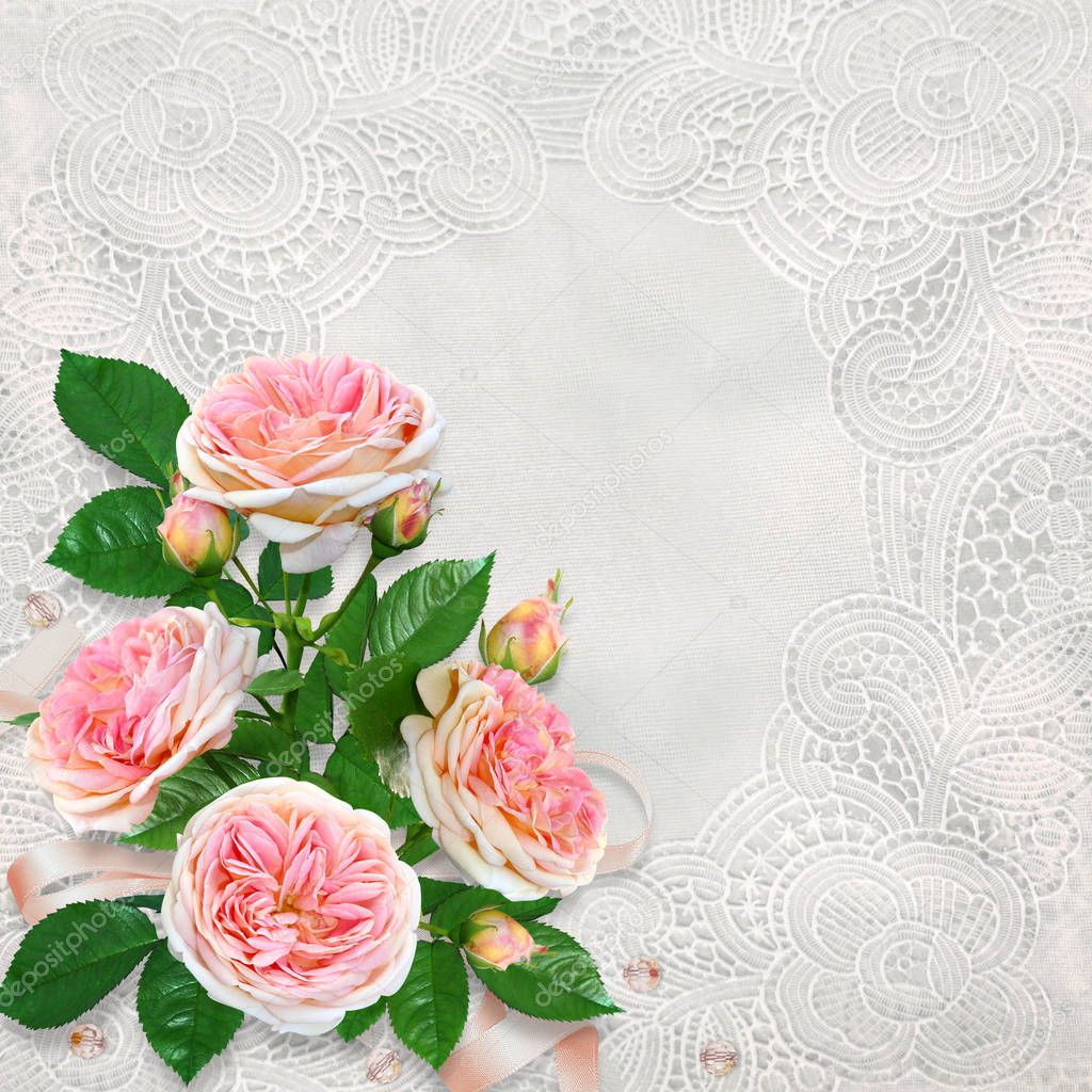 Congratulatory background with beautiful vintage lace and a bouquet of pink roses