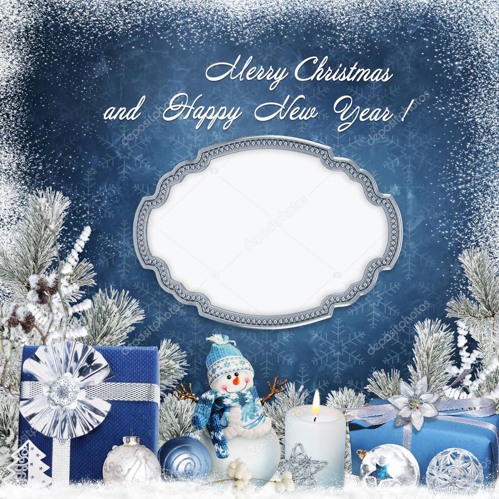 Christmas greeting background with a frame, gifts, a snowman, a candle, balls and pine branches