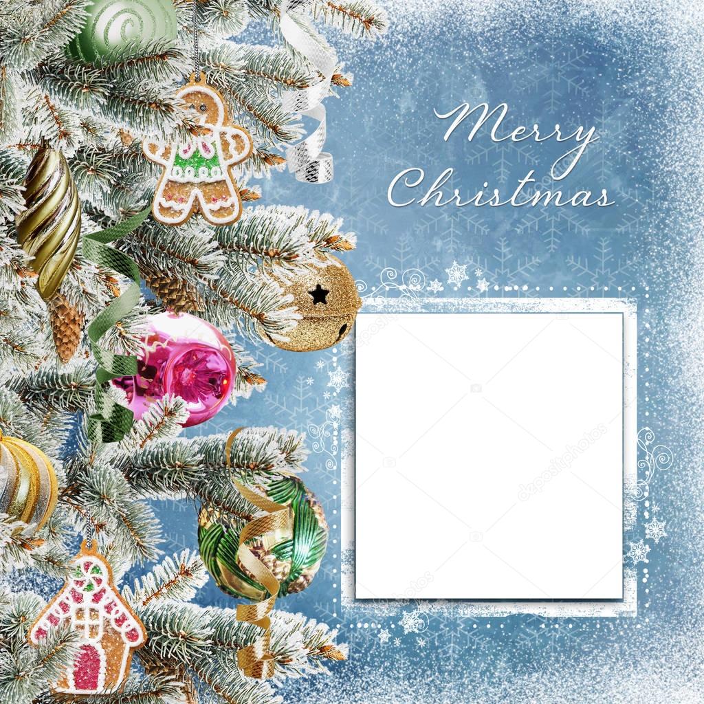 Christmas background with card for text or photo, pine branches, cookies, balls and snow