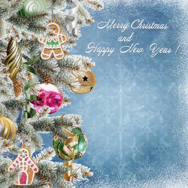 Çamın dalları, tanımlama bilgileri, toplar ve metin veya fotoğraf için yer ile arka plan tebrik Noel