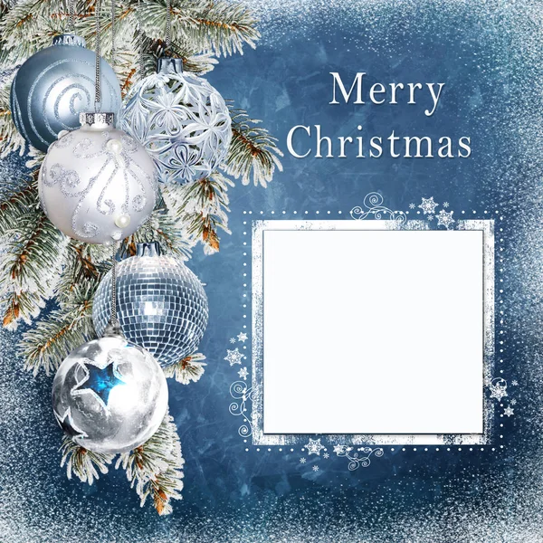 Background, blue, snowflakes, balls, pine branches, card, frost, ice, christmastime, merry christmas, new year, congratulation, celebration, greeting, holidays, illustration, invitation, joy, winter, december, blank, blessed, decor, design, family, l — Stock Photo, Image