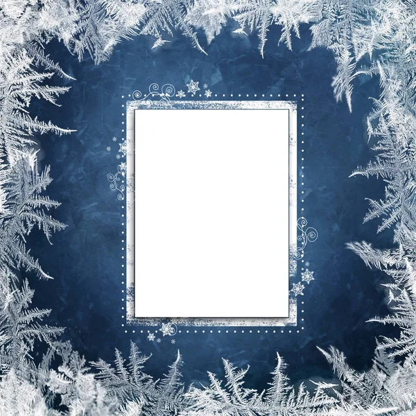 Christmas blue background with frosty patterns and card for text or photo — Stock Photo, Image