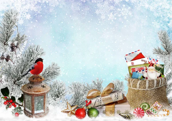 Christmas greeting card with space for text, with gifts, a lantern, a bullfinch, a bag of letters and sweets — Stock Photo, Image