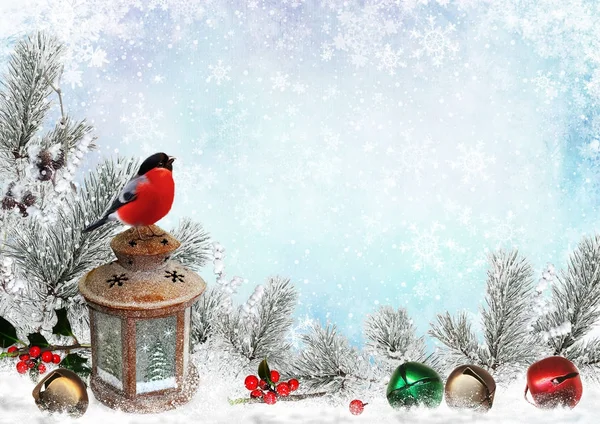 Christmas greeting card with hristmas bells, bullfinch, lantern, pine branches and snow Stock Photo