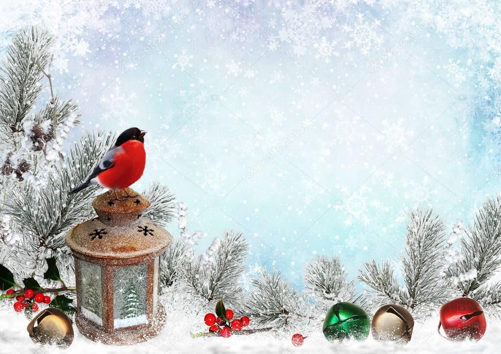 Christmas greeting card with hristmas bells, bullfinch, lantern, pine branches and snow