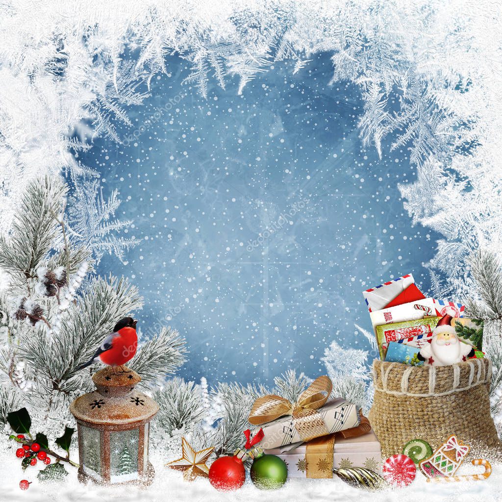 Christmas greeting background with space for text, with gifts, a lantern, a bullfinch, a bag of letters and sweets and frosty patterns