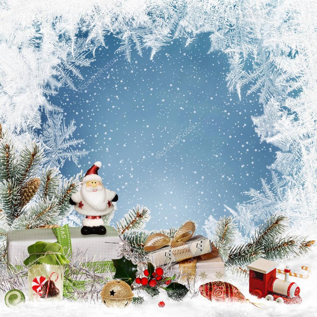 Christmas greeting background with space for text, with gifts, sweets, Santa Claus, pine branches, Christmas decorations and frosty patterns