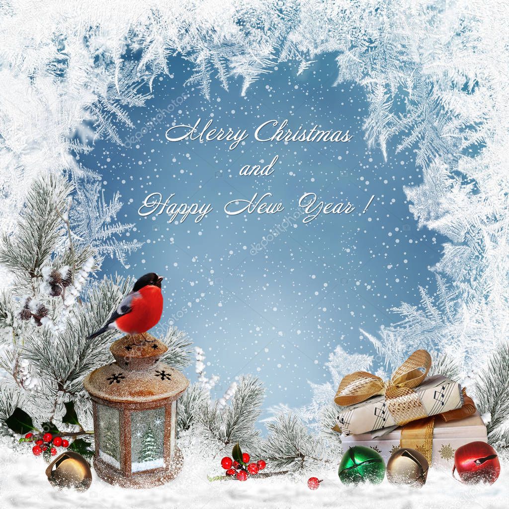 Christmas greeting background with space for text, gifts, hristmas bells, bullfinch, lantern, pine branches and frosty patterns