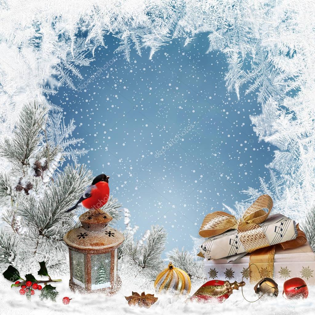 Christmas greeting background with place for text, gifts, bullfinch, lantern, Christmas decorations, pine branches and frosty patterns
