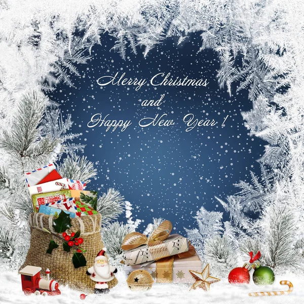 Christmas Greeting Background Gifts Christmas Decorations Santa Claus Pine Branches — Stock Photo, Image