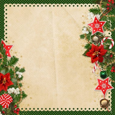 Arka plan ile yıldız, Noel çanları, şekerleme, Çamın dalları, Atatürk çiçeği, metin için yer ile tebrik Noel meyveleri dalları