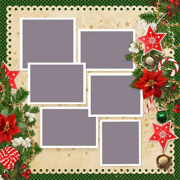 Christmas Background Frames Family Photos Borders Stars Christmas Bells Sweets — Stock Photo, Image