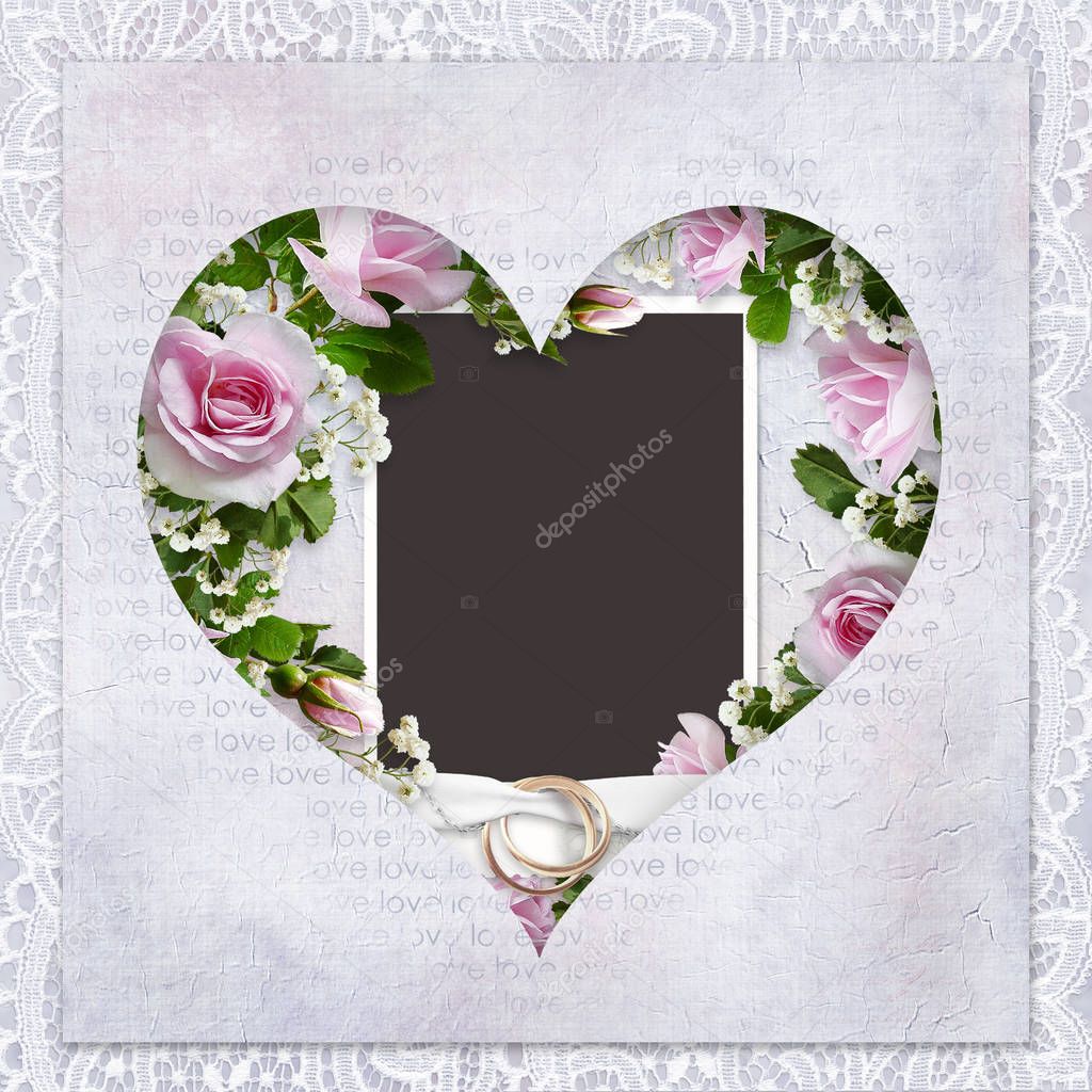 Vintage love background with frame in the shape of heart, roses, wedding rings
