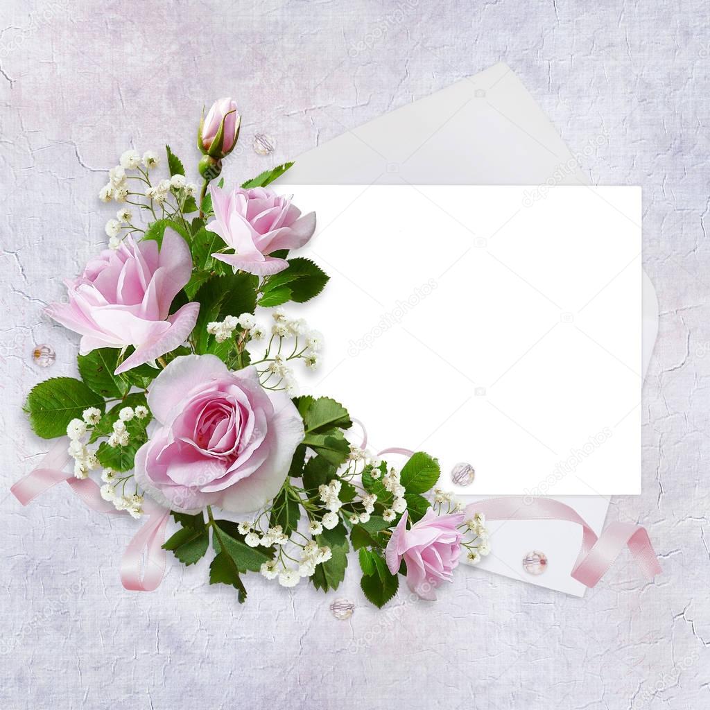 Pink roses with card for text, envelope and ribbon on vintage background