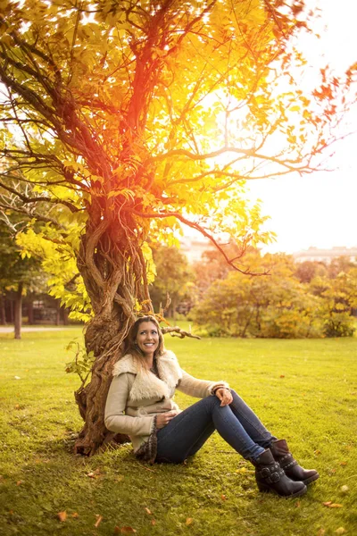 Parkta bir ağacın altında oturan güzel kız — Stok fotoğraf