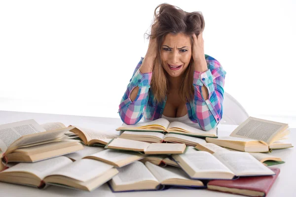 Beautiful student going crazy while studying — Stock Photo, Image