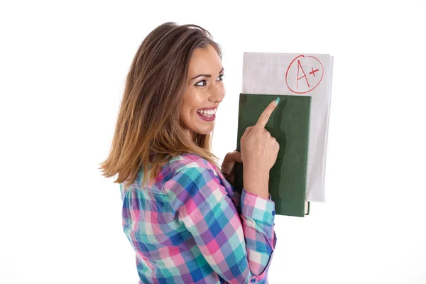 Grau A estudante gabando-se e sorrindo — Fotografia de Stock