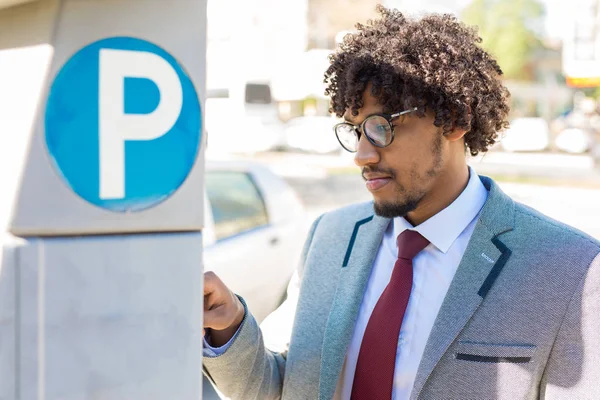 Successful Young Business Man Paying Parking Fee Meter — Stock Photo, Image