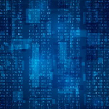 Siber. Mavi ikili kod akış. Fütüristik arka plan. Görselleştirme ve ikili biçimde veri işleme. Vektör çizim