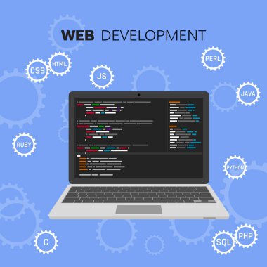 Web geliştirme Infographic. Programlama ve kavram kodlama. Vektör çizim